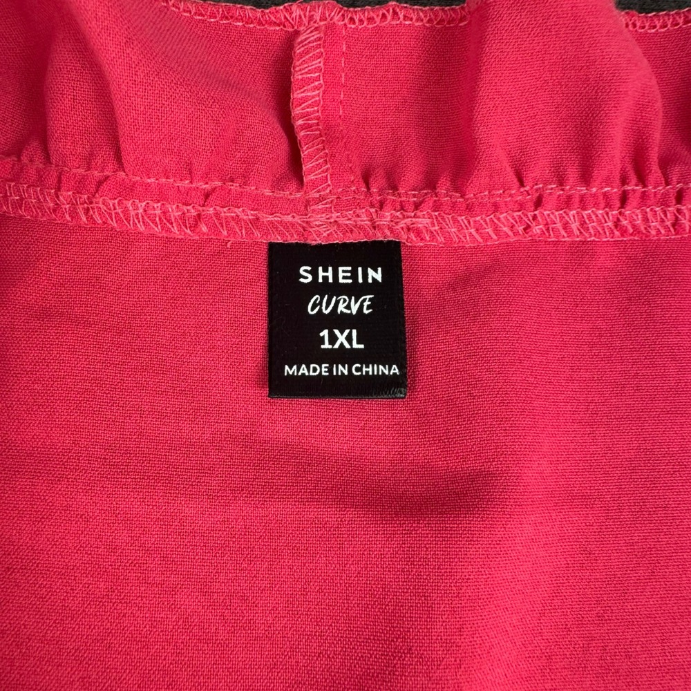 SHEIN Curve Hot Pink Ruffle V-Neck Blouse Swiss Dot Mesh Puff Sleeve Top 1XL - Picture 3 of 9